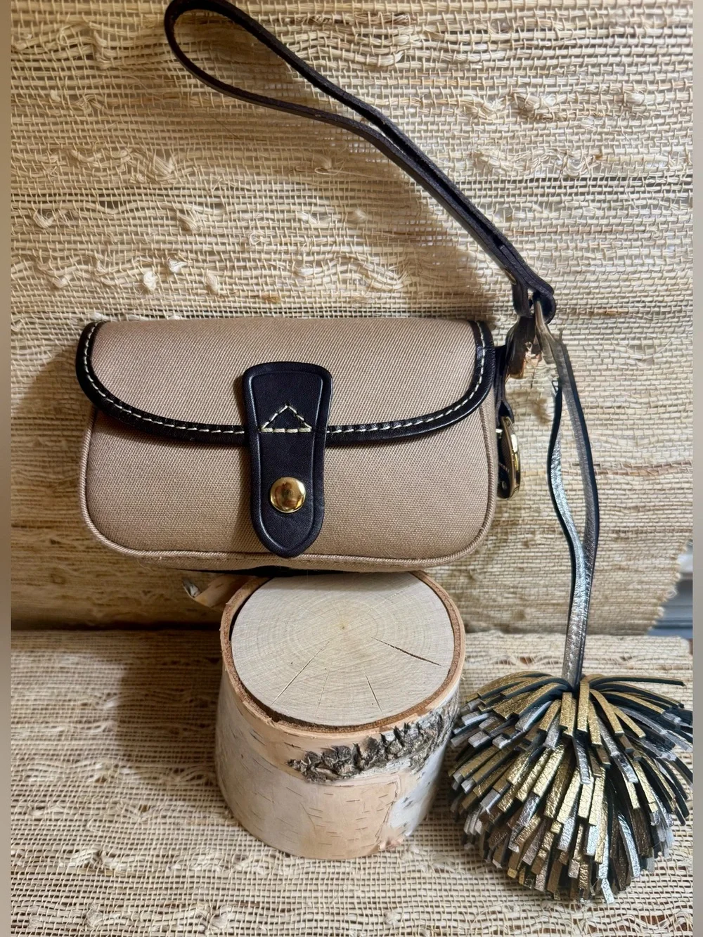 Dooney & Bourke Tan Twill Canvas Flap Wristlet Dark Brown Leather Trim